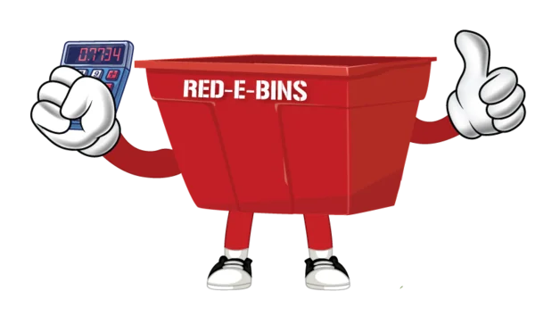 Binny, the Red-E-Bins mascot, holding a calculator