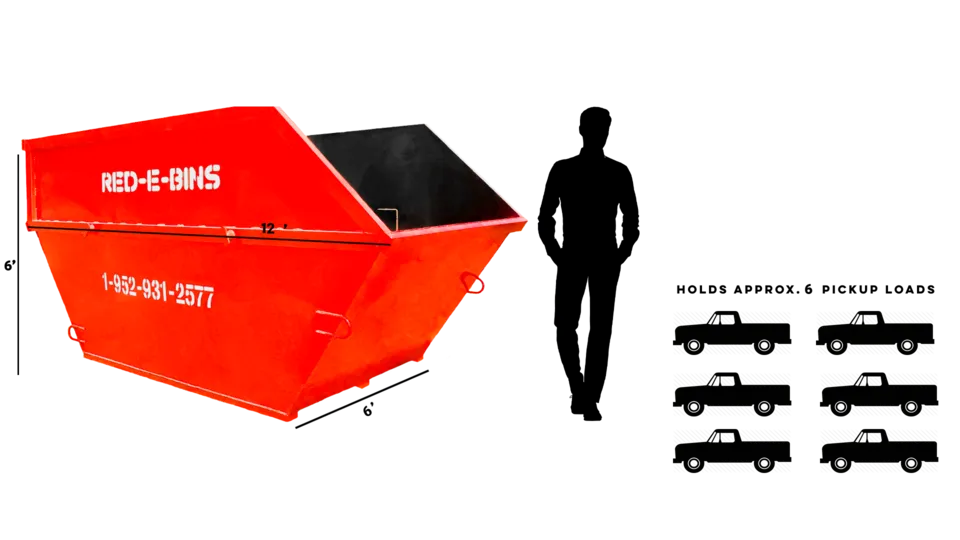 15-yard dumpster dimensions: 12 by 6 by 6 feet, about six pickup loads
