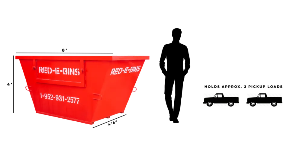 5-yard dumpster dimensions: 8 by 4 by 4 feet, about two pickup loads